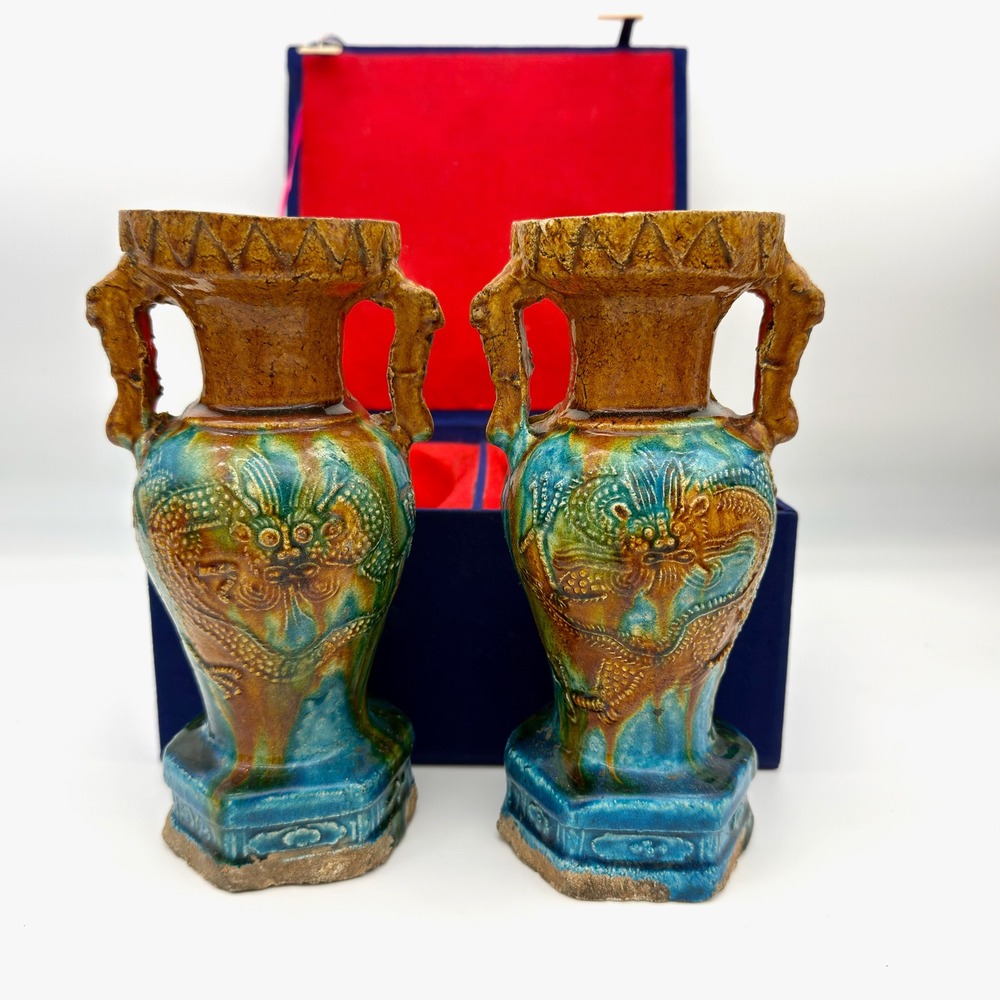 Ming Style Dragon Vases Pair Sancai Glazed Ceramic Antique Hartman Estate